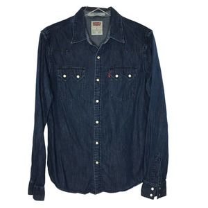 Levis M Mens Pearl Snap Denim Shirt Western Dark Blue Long Sleeve Pockets